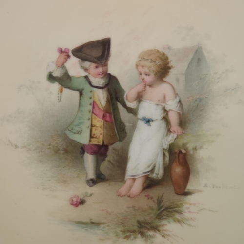 356 - Antonin Boullemier for Minton, a pair of painted plates, each with a boy and birl in 18th century co... 