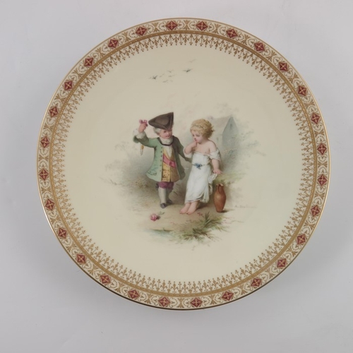 356 - Antonin Boullemier for Minton, a pair of painted plates, each with a boy and birl in 18th century co... 