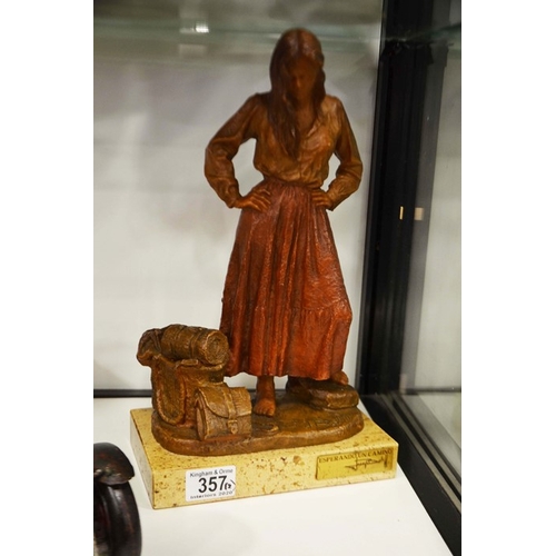 357 - J Bofill, Esperando Camino, resin figure, young woman with travelling bag, 33.5cm high, and a metal ... 