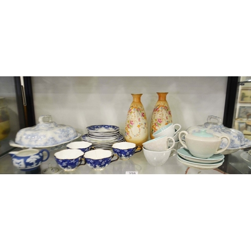 358 - Two blue and white tureens and covers, a pair of Crown Devon Fieldings blush ivory vases, Poole tea ... 