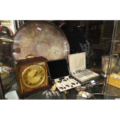 418 - Metamec clock, two set of Marston's dominoes, a plated circular gallery tray, and other plated ware.... 