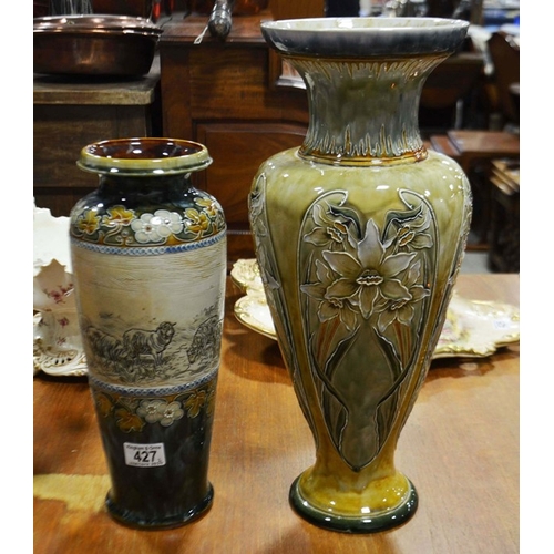 427 - Hannah Barlow for Doulton Lambeth, a stoneware vase, baluster form, sgraffito decoration depicting s... 