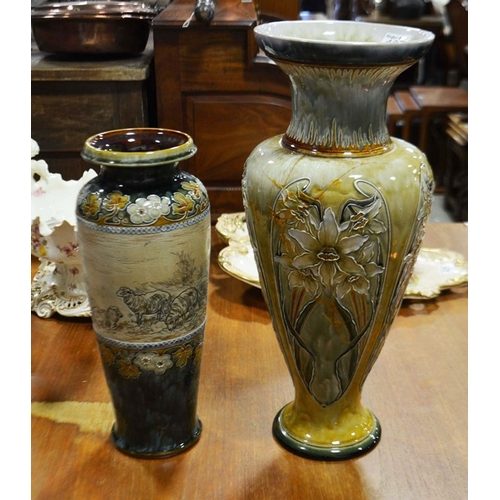 427 - Hannah Barlow for Doulton Lambeth, a stoneware vase, baluster form, sgraffito decoration depicting s... 