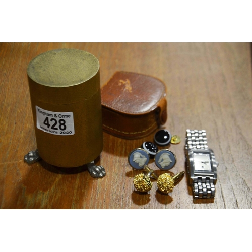 428 - A cylindrical gilt metal pot and cover on three paw feet, An Emporio Armani wristwatch, and three pa... 