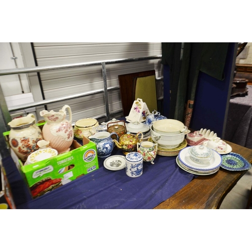 447 - A Stafforshire three piece dressing table set, jug, pot and dish and cover, a flow blue and white ch... 