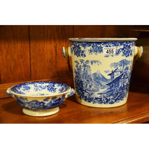 455 - Minton Blue & White Slop Pail/ Bucket with Wicker handle and Insert, Genovese pattern, and a similar... 