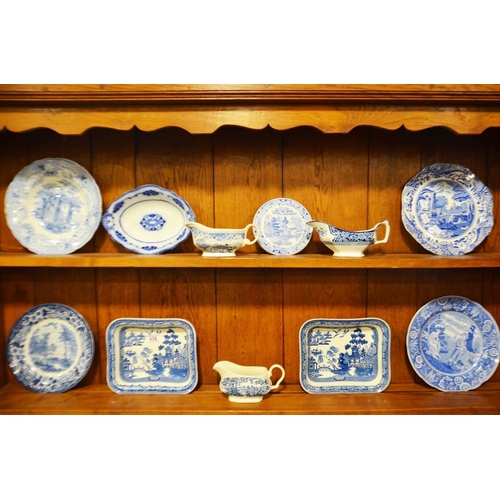 456 - A pair of Wedgwood Willow pattern dishes and blue and white dinner ware.  (12)