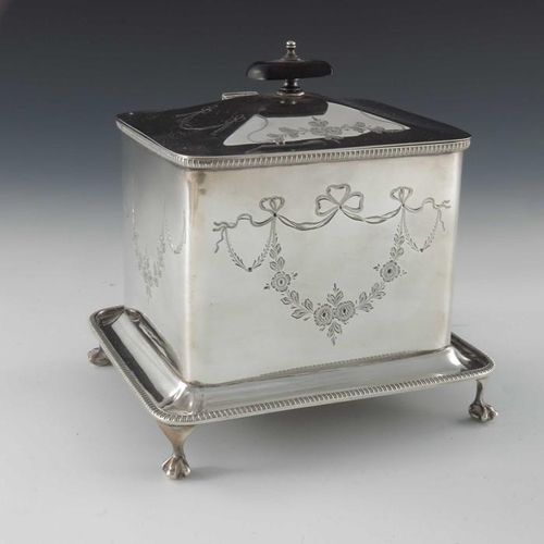 69 - A Victorian silver plated biscuit box, Henry Hobson and Son, Sheffield, Neoclassical cuboid form, en... 