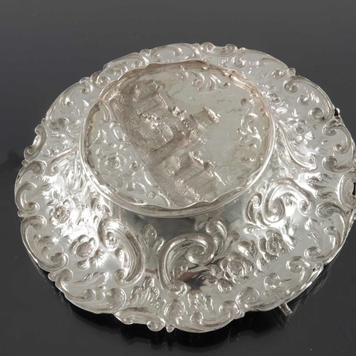90 - An early Victorian silver castle top basket, Nathaniel Mills, Birmingham 1845, embossed in high reli... 