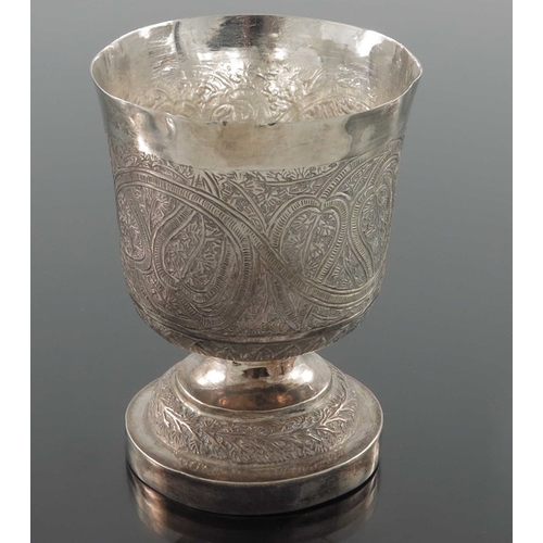 17 - A Chinese export silver goblet, TM, rounded beaker form with stepped foot, repousse embossed in the ... 