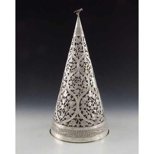 19 - A large Chinese export silver reticulated cone or incense burner, KH, circa 1930, pierced and chased... 