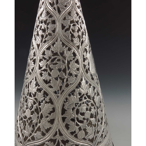 19 - A large Chinese export silver reticulated cone or incense burner, KH, circa 1930, pierced and chased... 