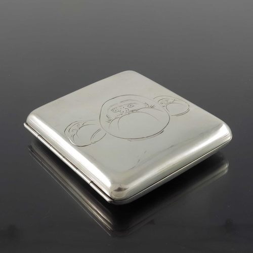 21 - A Japanese silver cigarette case, rectangular form engraved with comical characters, 10cm x 9cm, 3.7... 