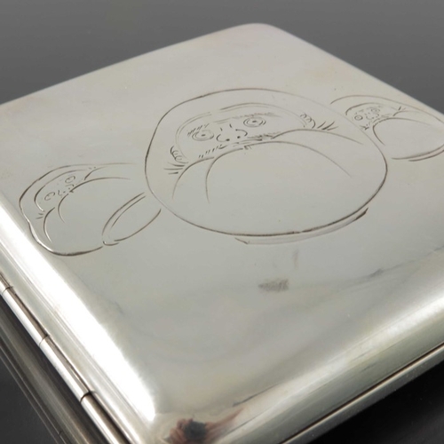 21 - A Japanese silver cigarette case, rectangular form engraved with comical characters, 10cm x 9cm, 3.7... 