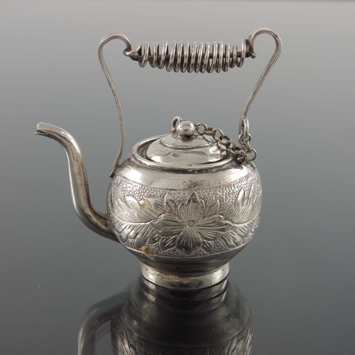 3 - A Chinese export novelty silver miniature kettle, YLS, spherical form, etched and engraved with a fo... 