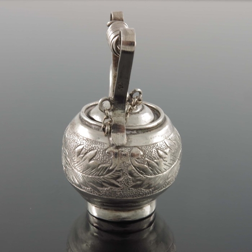 3 - A Chinese export novelty silver miniature kettle, YLS, spherical form, etched and engraved with a fo... 