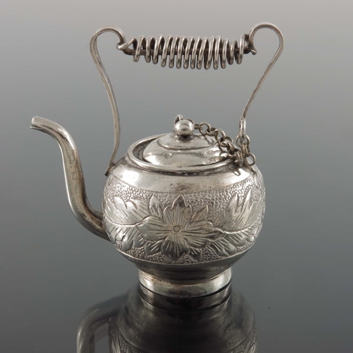 3 - A Chinese export novelty silver miniature kettle, YLS, spherical form, etched and engraved with a fo... 