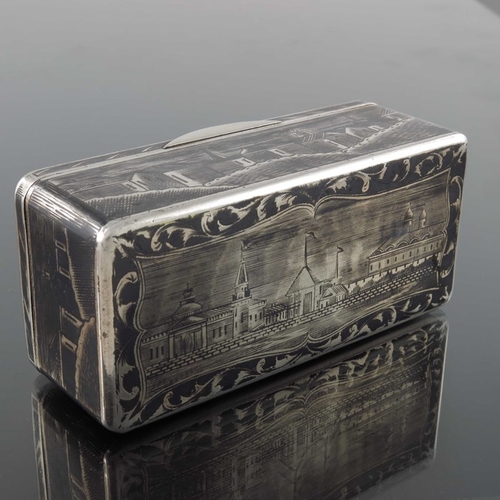 33 - An Imperial Russian silver and niello enamelled snuff box, Moscow 1852, cuboid form, decorated with ... 