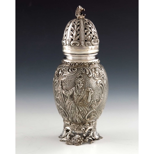 40 - A Hanau silver caster, Berthold Muller, Chester 1909, ovoid form embossed with 18th century women wi... 