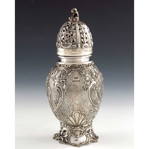 40 - A Hanau silver caster, Berthold Muller, Chester 1909, ovoid form embossed with 18th century women wi... 
