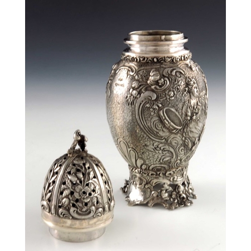 40 - A Hanau silver caster, Berthold Muller, Chester 1909, ovoid form embossed with 18th century women wi... 