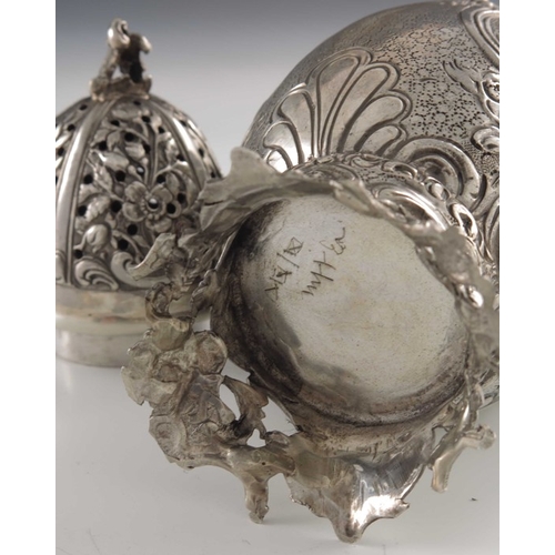 40 - A Hanau silver caster, Berthold Muller, Chester 1909, ovoid form embossed with 18th century women wi... 