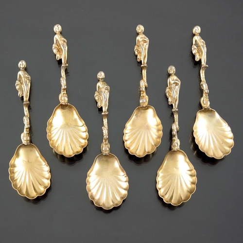 43 - A set of six Renaissance Revival silver gilt figural salt spoons, 19th century probably German, afte... 