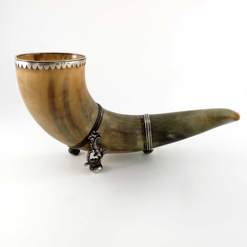 45 - A 19th century Swedish silver mounted horn centrepiece vase, Stockholm 1839, two rings with squat bu... 
