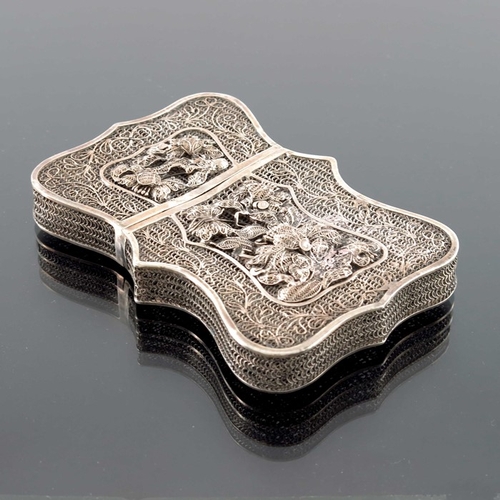 7 - A Chinese silver filigree card case, 19th century, raised floral and dragon design, ogee form, 9cm x... 