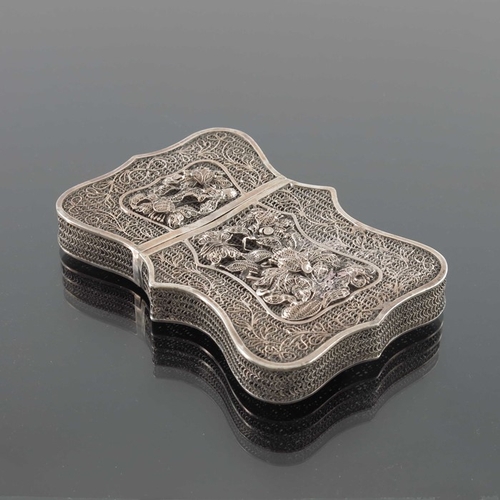 7 - A Chinese silver filigree card case, 19th century, raised floral and dragon design, ogee form, 9cm x... 