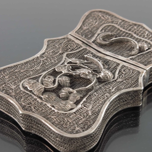 7 - A Chinese silver filigree card case, 19th century, raised floral and dragon design, ogee form, 9cm x... 