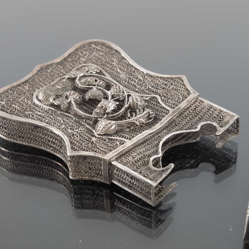 7 - A Chinese silver filigree card case, 19th century, raised floral and dragon design, ogee form, 9cm x... 