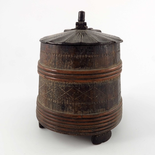 340 - An 18th century Scandinavian peg tankard, willow-bound and chip-carved with geometric motifs, hinged... 