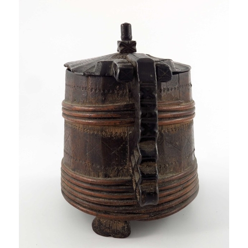 340 - An 18th century Scandinavian peg tankard, willow-bound and chip-carved with geometric motifs, hinged... 