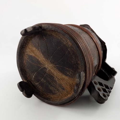 340 - An 18th century Scandinavian peg tankard, willow-bound and chip-carved with geometric motifs, hinged... 