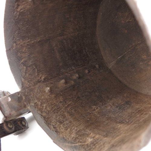 340 - An 18th century Scandinavian peg tankard, willow-bound and chip-carved with geometric motifs, hinged... 