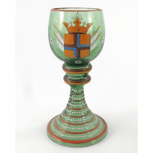 457 - Three Bohemian enamelled historicist glass roemers, each with a heraldic coat of arms, ribbed stems,... 