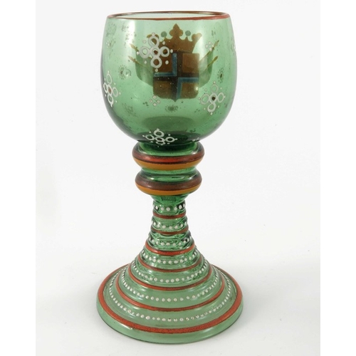 457 - Three Bohemian enamelled historicist glass roemers, each with a heraldic coat of arms, ribbed stems,... 