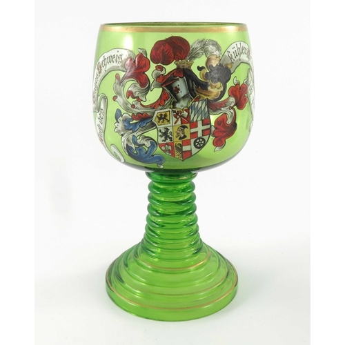 457 - Three Bohemian enamelled historicist glass roemers, each with a heraldic coat of arms, ribbed stems,... 