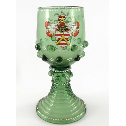 457 - Three Bohemian enamelled historicist glass roemers, each with a heraldic coat of arms, ribbed stems,... 