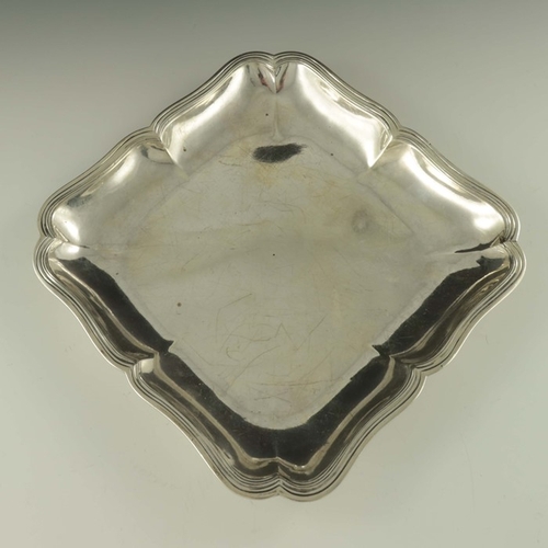 30 - A French silver dish, MM, circa 1779, square section, ogee fluted border, stamped marks, 25.5cm squa... 
