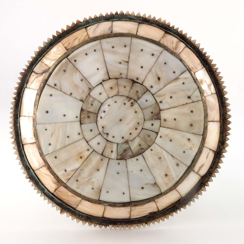 495 - An Indian mother of pearl dish, possibly Gujarat, circular form with jagged edge rim, pinned section... 
