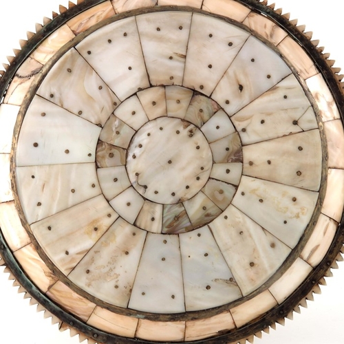 495 - An Indian mother of pearl dish, possibly Gujarat, circular form with jagged edge rim, pinned section... 