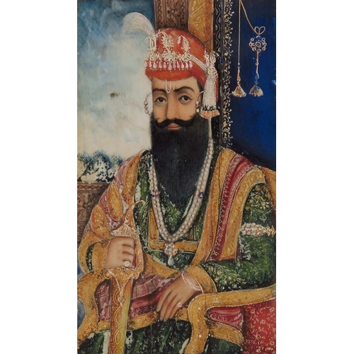 497 - λ Indian School (19th century), A Portrait of a Sikh Maharaja on ivory, possibly Ranjit Singh, 14cm ... 
