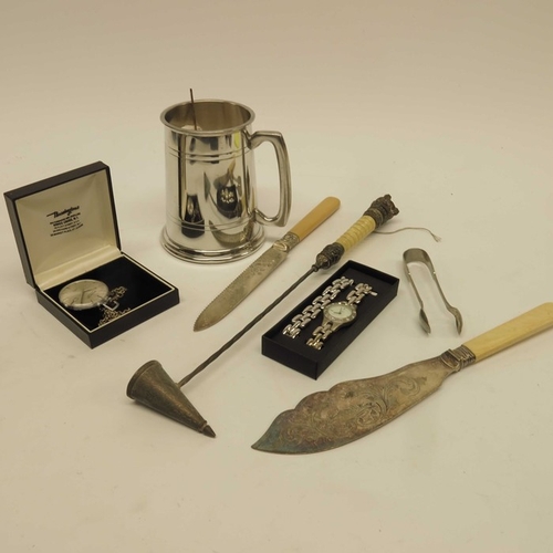 12 - Souvenir spoons, silver plated cutlery and candle snuffer, and a Bravington's Renowned pocket watch.... 