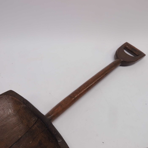 39 - A 19th Century wooden grain shovel with iron work edge and D shaped handle, 102cm length, and a turn... 