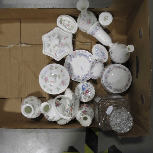 40 - Wedgwood Bone China Rosehip pattern trinket box and cover, other examples, and a cut glass decanter ... 