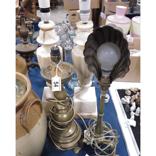 54 - A pair of white onyx pedestal table lamps, reeded baluster form, a brass table lamp and a desk lamp ... 