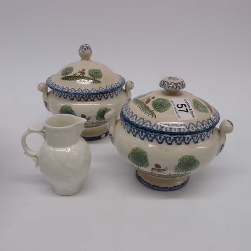 57 - J Meir & Sons Ironstone twin handled tureen, puce decorated Mazara pattern landscape, a pair of Fren... 