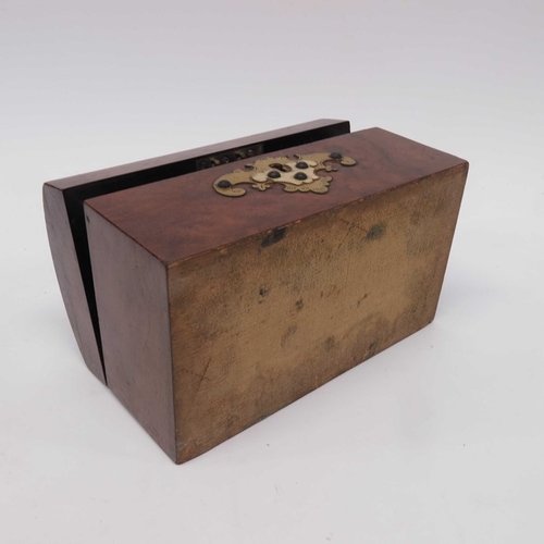 67 - A walnut dome topped tea caddy, circa 1860, brass fret cut decoration, hinged lid revealing twin com... 